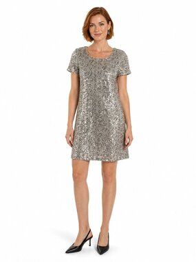 Jude Connally Ella Sequins Mini Leopard Shift Dress Silver XS